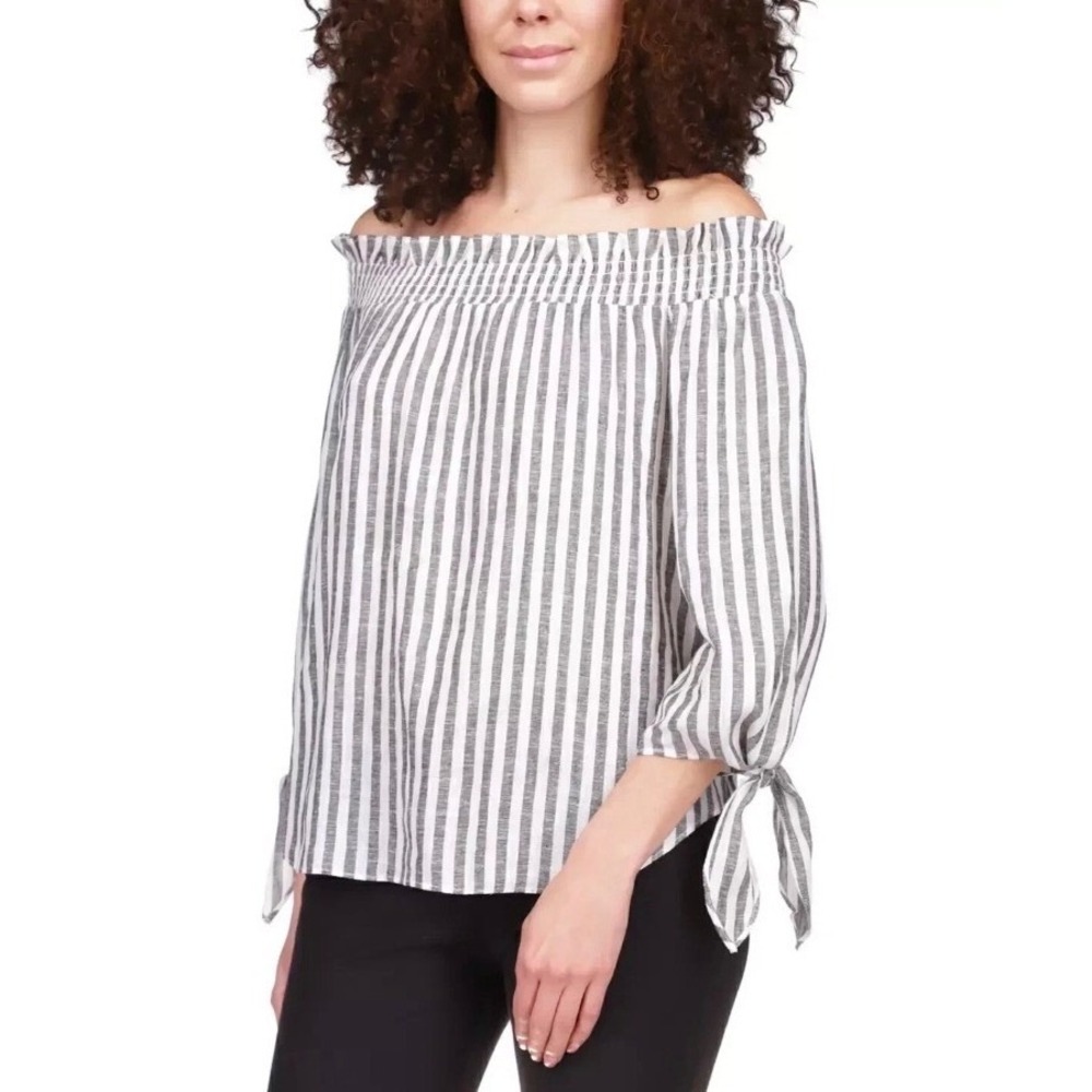 Michael Kors Smocked Off Shoulder Top Womens S Black White Striped Coastal NWT